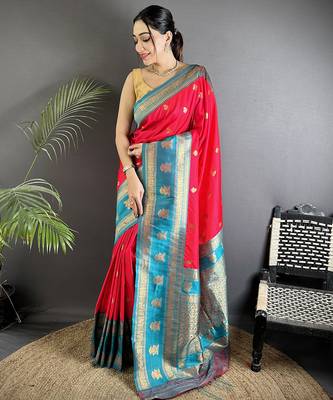 hot pink soft silk blend banarasi zari woven butti weaving saree 1