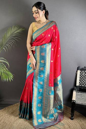 hot pink soft silk blend banarasi zari woven butti weaving saree