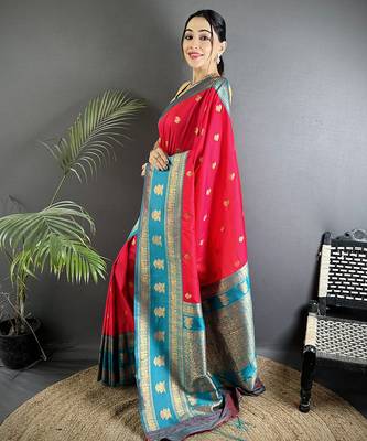 hot pink soft silk blend banarasi zari woven butti weaving saree 2