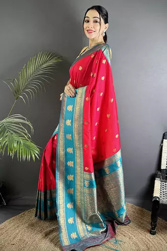 hot pink soft silk blend banarasi zari woven butti weaving saree