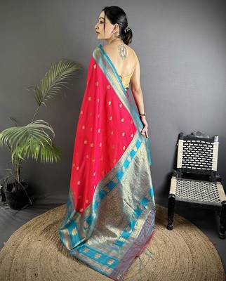 hot pink soft silk blend banarasi zari woven butti weaving saree 3