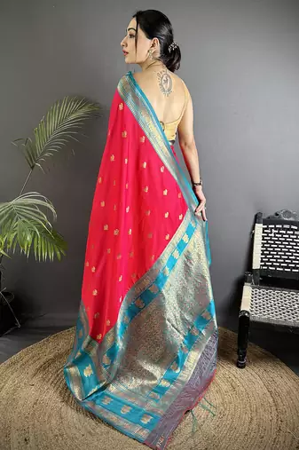 hot pink soft silk blend banarasi zari woven butti weaving saree