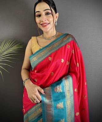 hot pink soft silk blend banarasi zari woven butti weaving saree 4