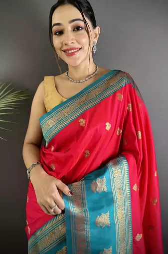 hot pink soft silk blend banarasi zari woven butti weaving saree