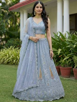 blue diamond work net lehenga set choli with dupatta 1