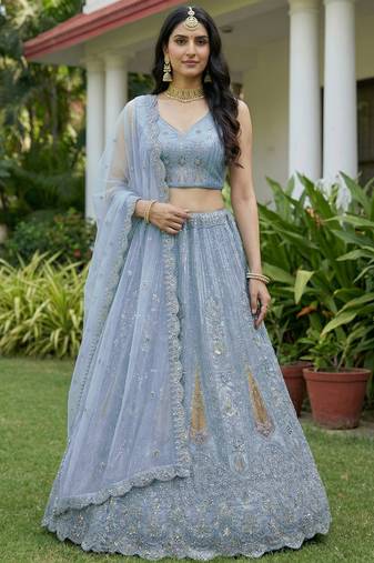blue diamond work net lehenga set choli with dupatta