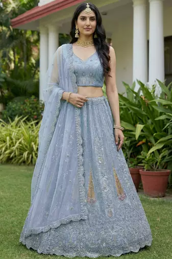 blue diamond work net lehenga set choli with dupatta