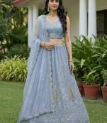 blue diamond work net lehenga set choli with dupatta