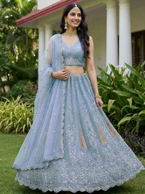 blue diamond work net lehenga set choli with dupatta 2