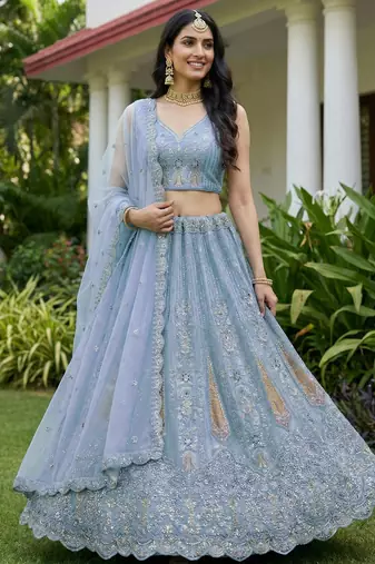 blue diamond work net lehenga set choli with dupatta
