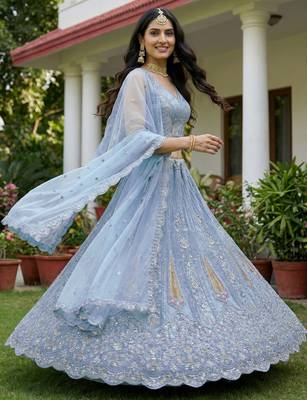 blue diamond work net lehenga set choli with dupatta 3