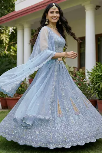 blue diamond work net lehenga set choli with dupatta