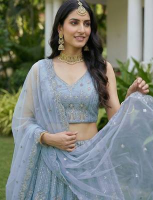 blue diamond work net lehenga set choli with dupatta 4