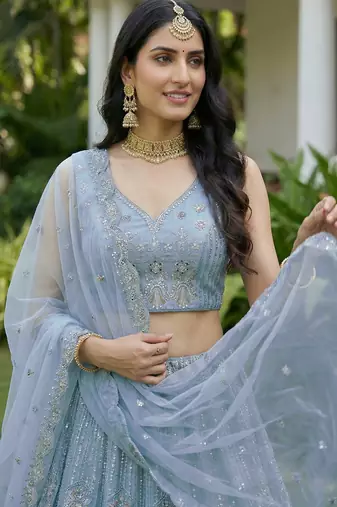 blue diamond work net lehenga set choli with dupatta