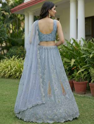 blue diamond work net lehenga set choli with dupatta 5