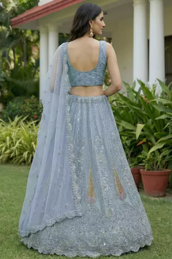 blue diamond work net lehenga set choli with dupatta