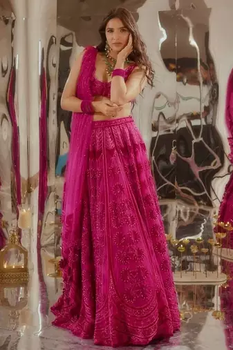 Pink Silk Embroidered Velvet Lehenga with Blouse & Net Dupatta 