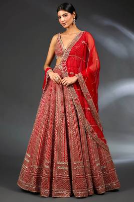 Red Net Sequins & Dori Embroidery Lehenga Choli With Dupatta 1