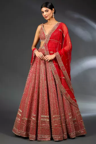Red Satin Sequins & Dori Embroidery Lehenga Choli