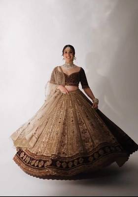 Dark Brown Velvet Sequins & Dori Work All Over Front & Back Lehenga Set 1