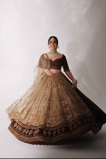 Dark Brown Velvet Sequins & Dori Work All Over Front & Back Lehenga Set
