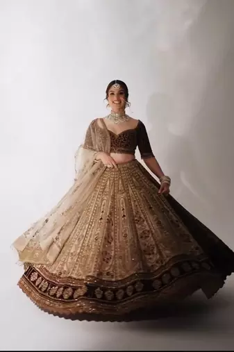 Dark Brown Velvet Sequins & Dori Work All Over Front & Back Lehenga Set
