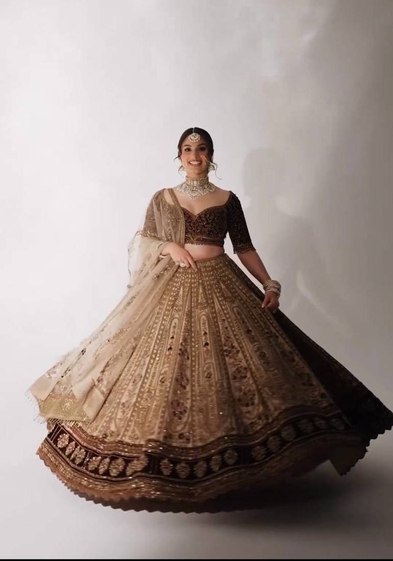 Dark Brown Velvet Sequins & Dori Work All Over Front & Back Lehenga Set