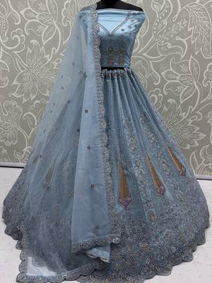 blue diamond work net lehenga set choli with dupatta 6