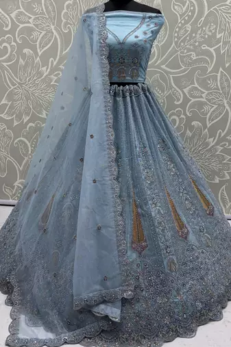 blue diamond work net lehenga set choli with dupatta