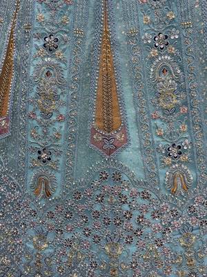 blue diamond work net lehenga set choli with dupatta 7