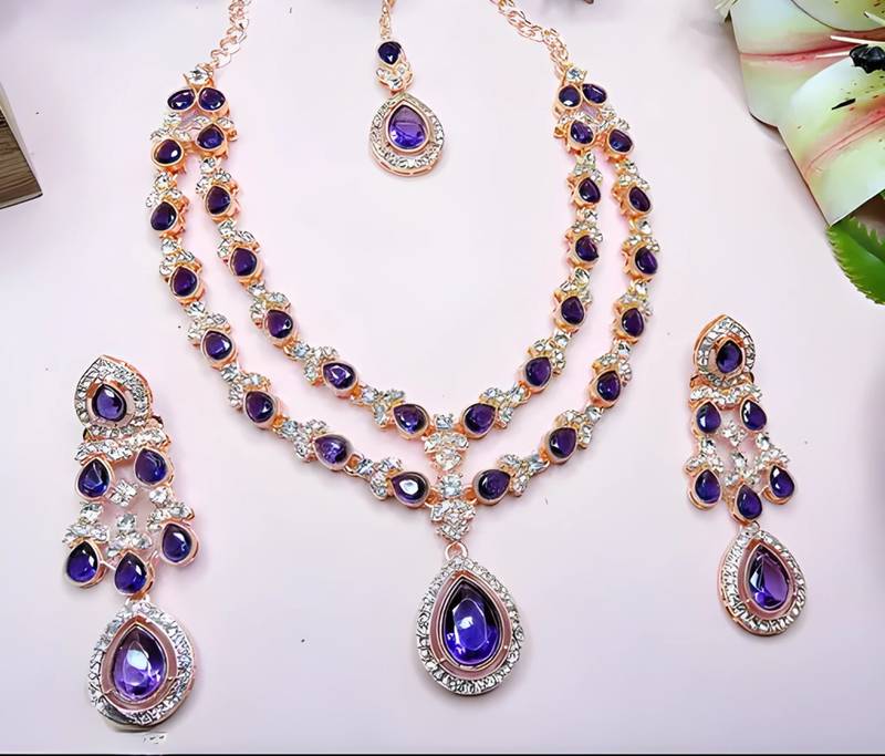 Teardrop bridal necklace set with earrings & maang tikka - ethnic wedding jewelry for brides & parties