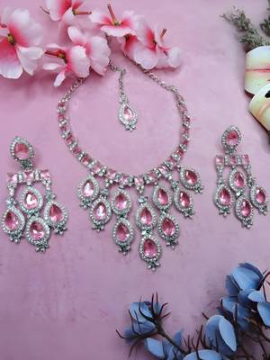 Stunning  pink crystal bridal Necklace :: set with earrings & maang tikka tear drop statement jewelry 1