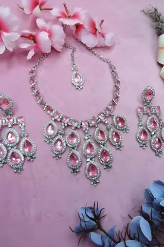 Stunning  pink crystal bridal necklace set with earrings & maang tikka tear drop statement jewelry