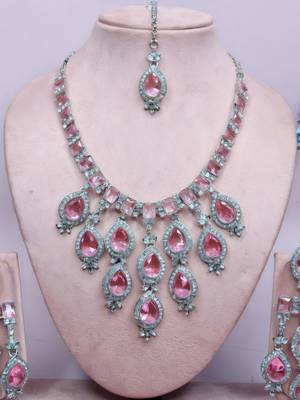 Stunning  pink crystal bridal Necklace :: set with earrings & maang tikka tear drop statement jewelry 2