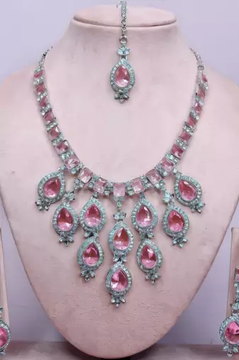 Stunning  pink crystal bridal Necklace :: set with earrings & maang tikka tear drop statement jewelry