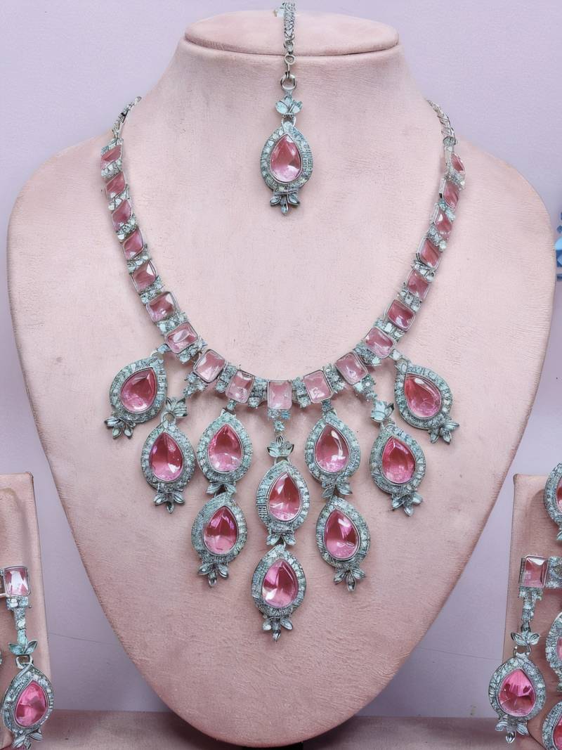 Stunning  pink crystal bridal necklace set with earrings & maang tikka tear drop statement jewelry
