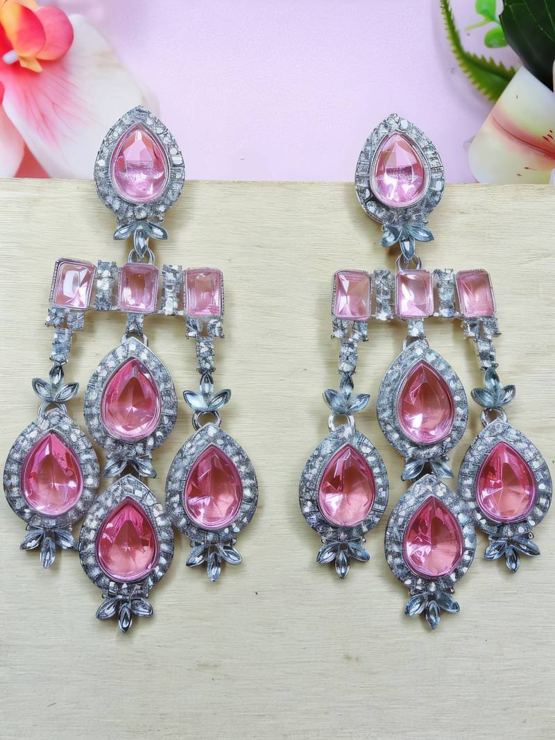 Stunning  pink crystal bridal necklace set with earrings & maang tikka tear drop statement jewelry