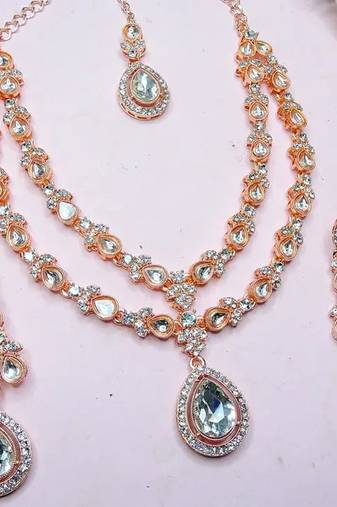 Teardrop bridal necklace set with earrings & maang tikka - ethnic wedding jewelry for brides & parties