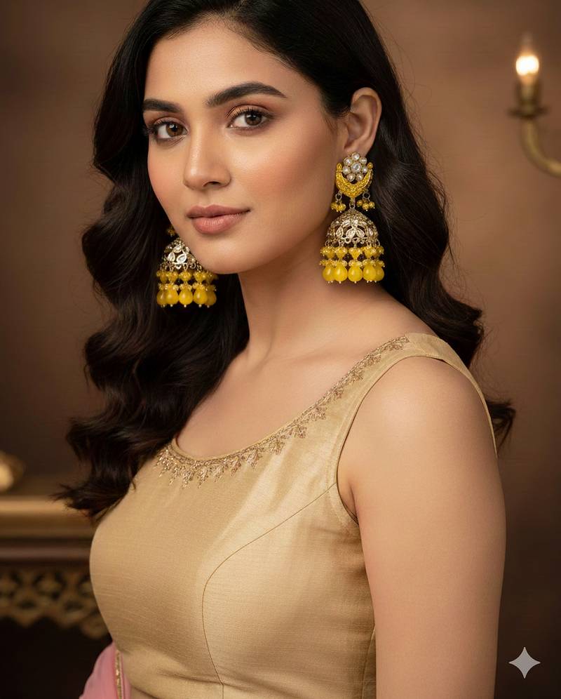 Yellow kundan jhumka earrings for women – traditional gold-plated ethnic indian jewelry for weddings & parties