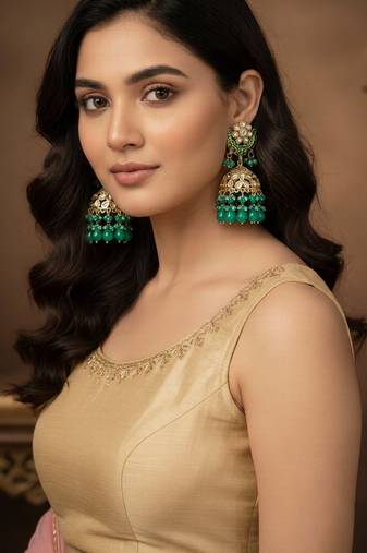 Green kundan jhumka earrings for women     traditional gold-plated ethnic indian jewelry for weddings & parties
