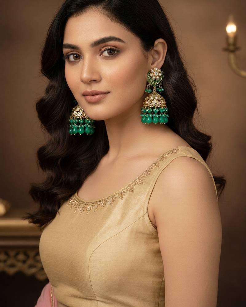 Green kundan jhumka earrings for women     traditional gold-plated ethnic indian jewelry for weddings & parties