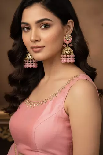 Pink kundan jhumka earrings for women     traditional gold-plated ethnic indian jewelry for weddings & parties