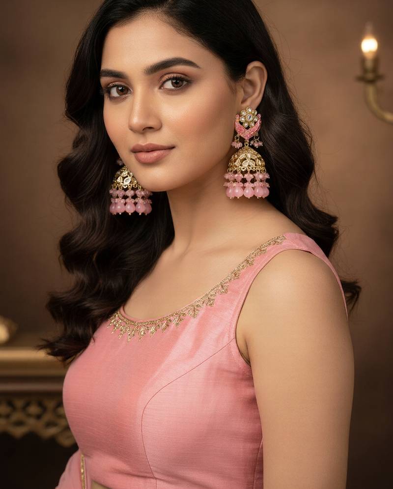 Pink kundan jhumka earrings for women     traditional gold-plated ethnic indian jewelry for weddings & parties