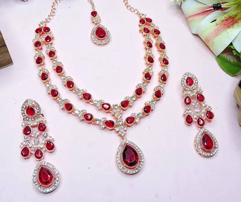 Teardrop bridal necklace set with earrings & maang tikka - ethnic wedding jewelry for brides & parties
