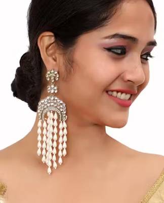 Elegant kundan & pearl long chandelier earrings for women & girls | traditional gold-plated indian wedding jewelry 1