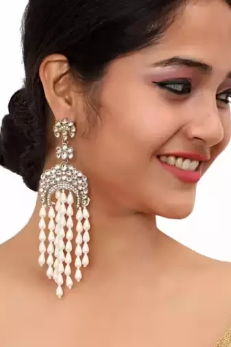 Elegant kundan & pearl long chandelier earrings for women & girls | traditional gold-plated indian wedding jewelry
