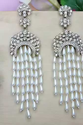Elegant kundan & pearl long chandelier earrings for women & girls | traditional gold-plated indian wedding jewelry