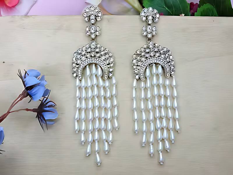 Elegant kundan & pearl long chandelier earrings for women & girls | traditional gold-plated indian wedding jewelry