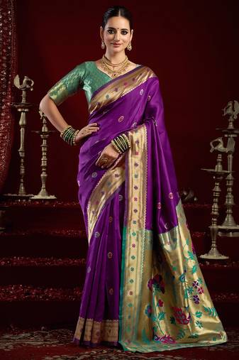 Purple silk blend butti weaving paithani saree
