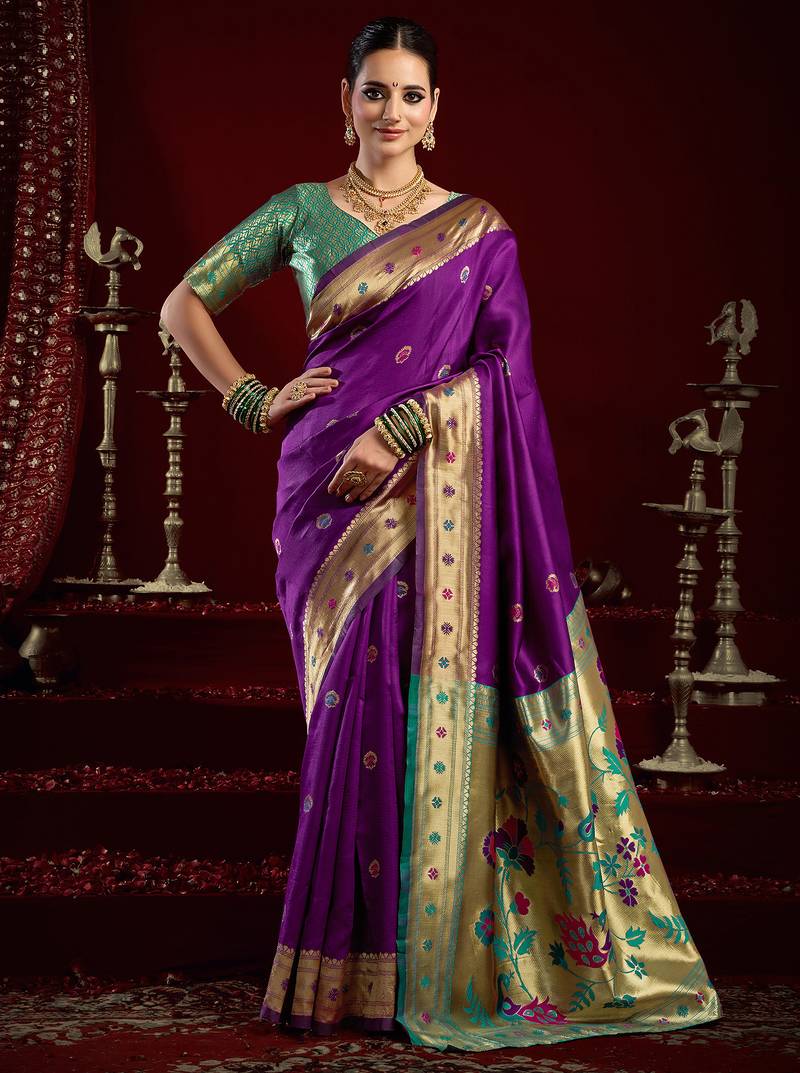 Purple silk blend butti weaving paithani saree